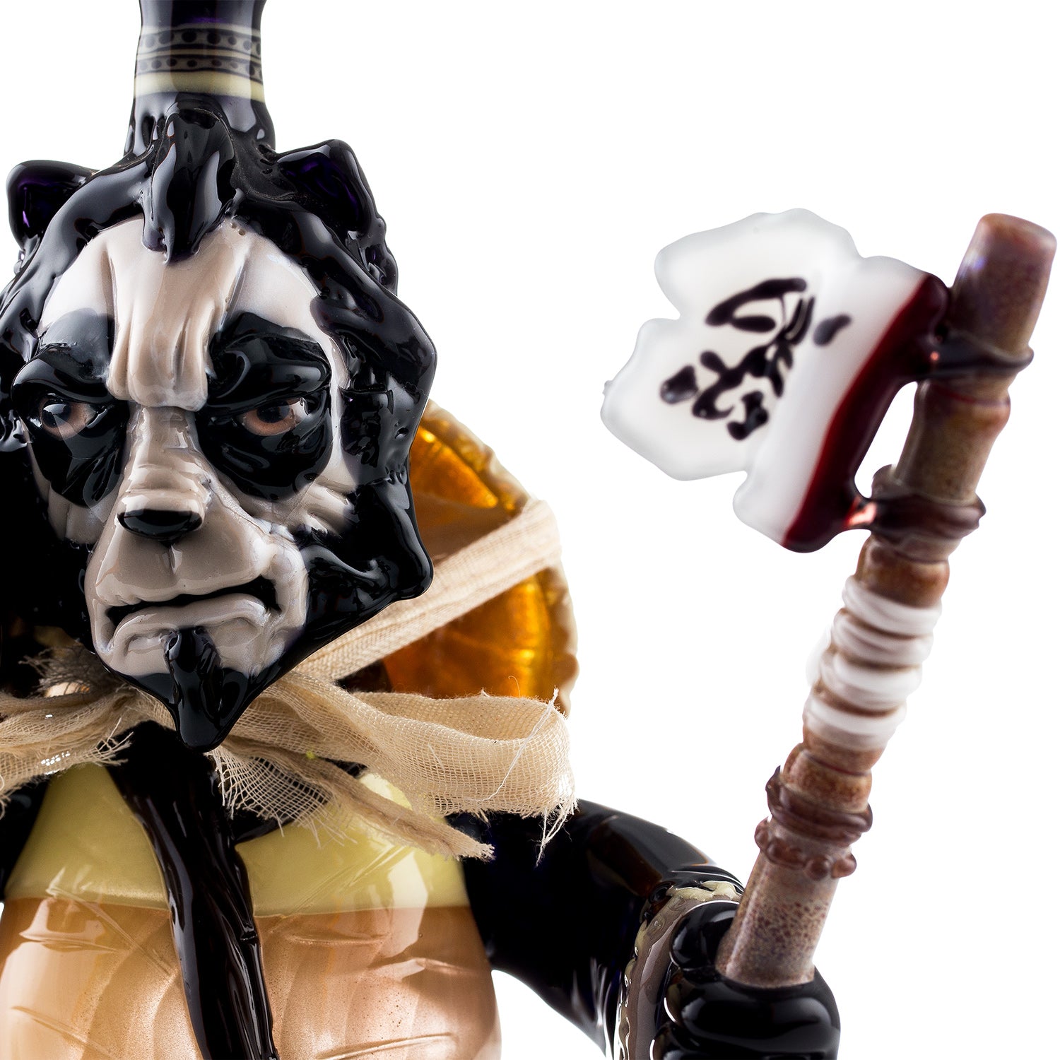 Close up studio photo of R3G15 x Malaquias Panda Monk heady glass collab. 