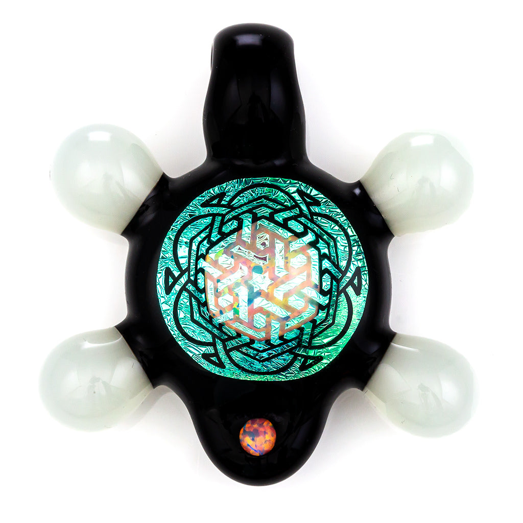 Studio photo on a white background of a dichroic glass pendant by R3G15 with pearly white round attachments and opal at bottom. 