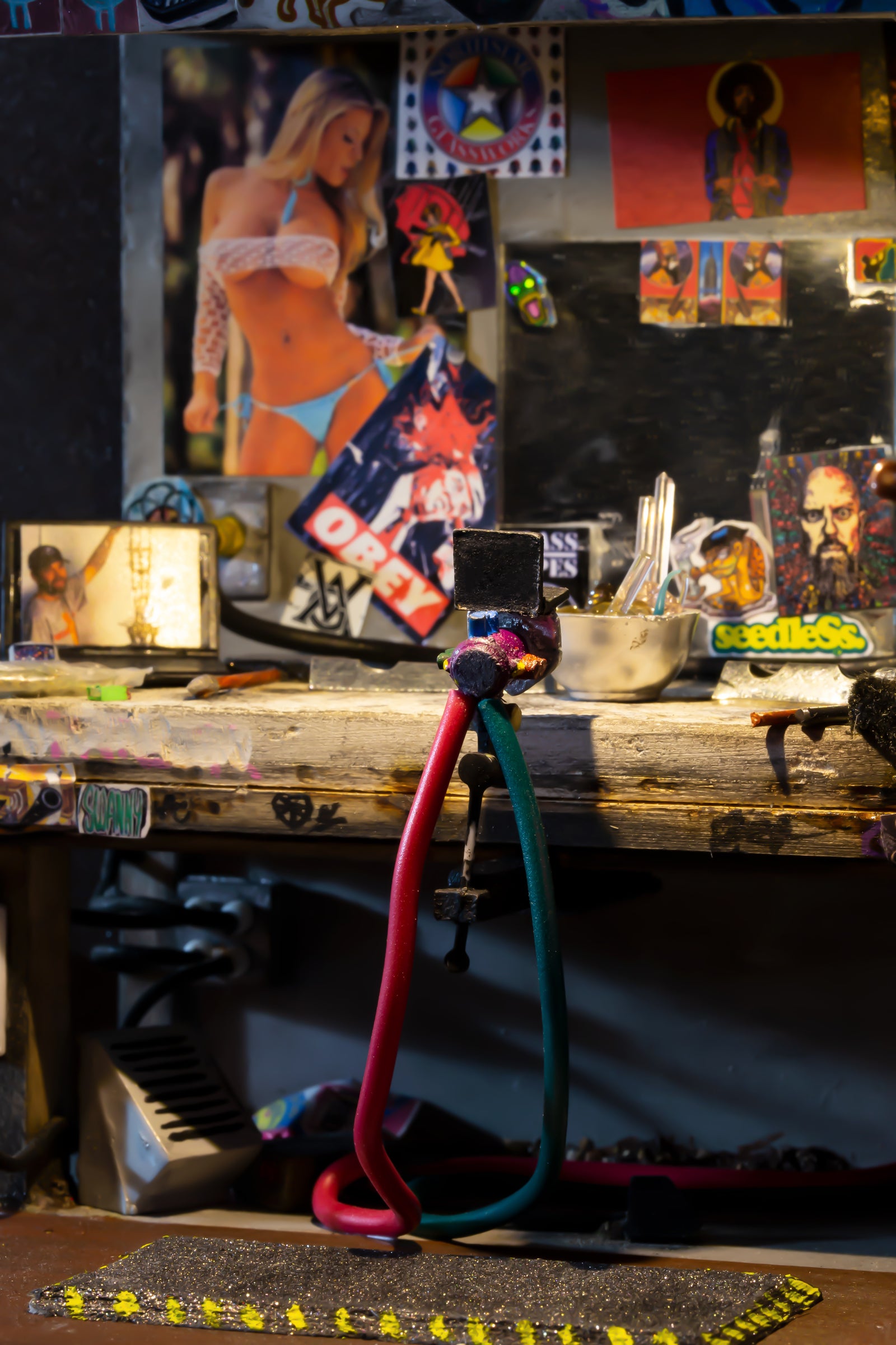 Photo showcasing a close up angle of the miniature glassblowing station from the front view.